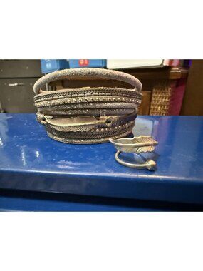 Vintage Bracelet and Ring Feather Silvertone Ring Strap Bracelet Magnetic